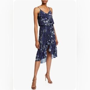 Parker Navy Paradise Floral Ruffled Midi Dress Sz XS